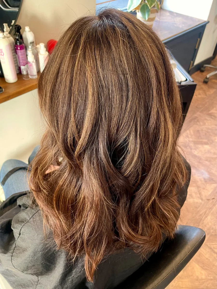 Warm chocolate brunette with caramel balayage waves and a soft blowout — back view.