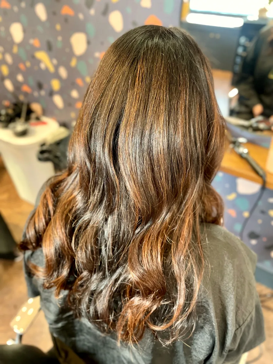 Brunette hair with glossy caramel balayage waves — dimensional color, back view.