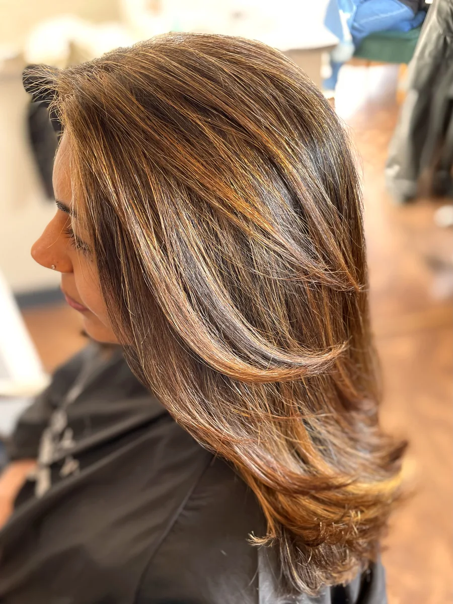 Rich brunette layers with golden caramel highlights, finished with a smooth blowout — side profile.